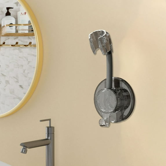 No Hole Showerhead Bracket | Universal Adjustable Shower Head Holder | 360° Rotation | Adhesive Wall Mount | Hanging Hooks for Towels Bath Balls | Plastic | Clear White Gray | 7.5x5x18cm | 70g |