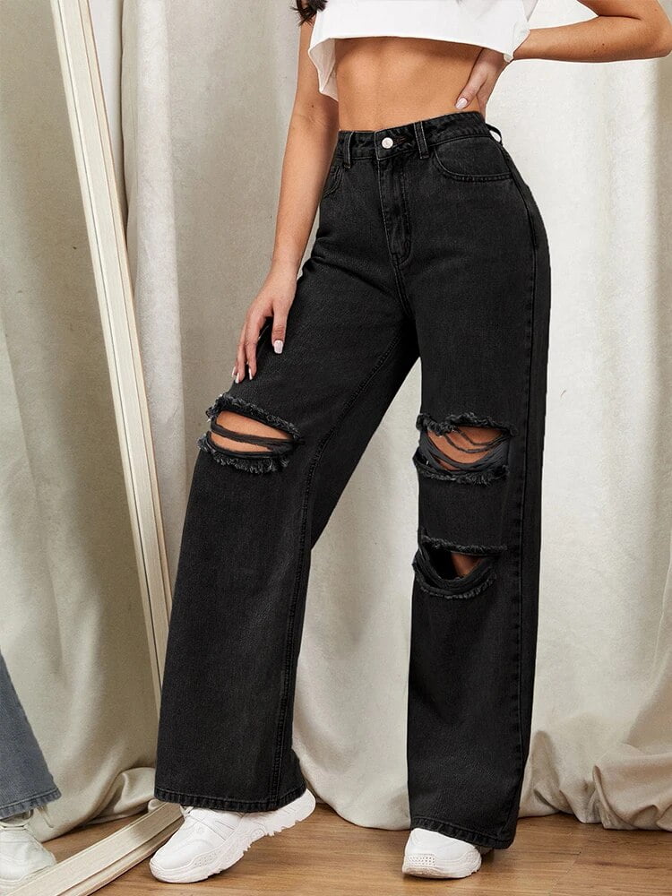 Hole Washed Wide Leg Pants Jeans Women Loose Boyfriend Jeans Hole Washed Wide Leg Pants Jeans Women Loose Boyfriend Jeans