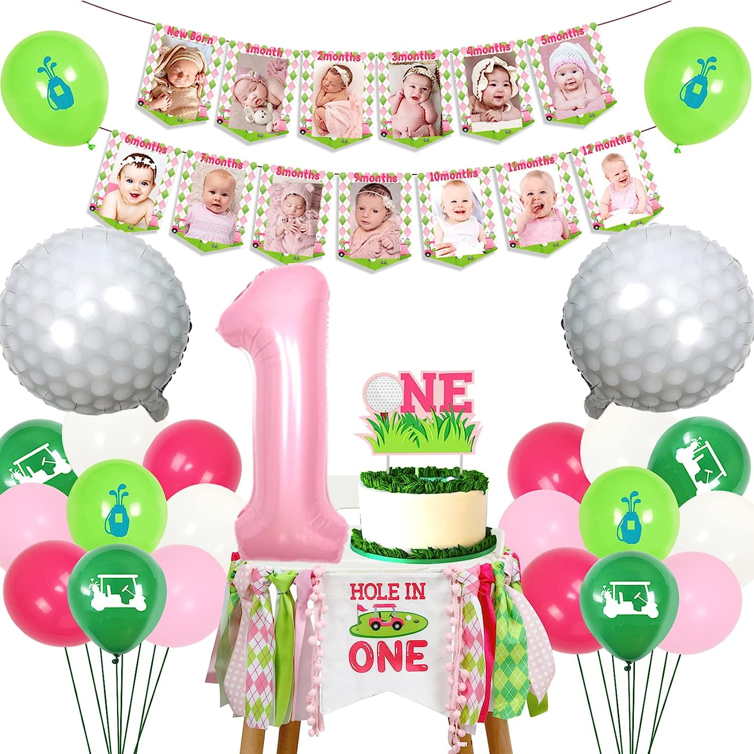Hole in One Birthday Decorations Girl Pink and Green Golf 1st Party