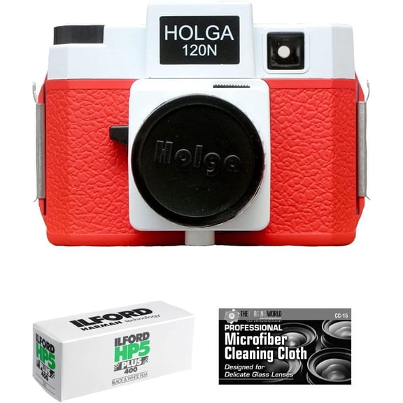 Holga 120N Medium Format Film Camera Red/White with Ilford HP5 120 Film Bundle and Microfiber Cloth