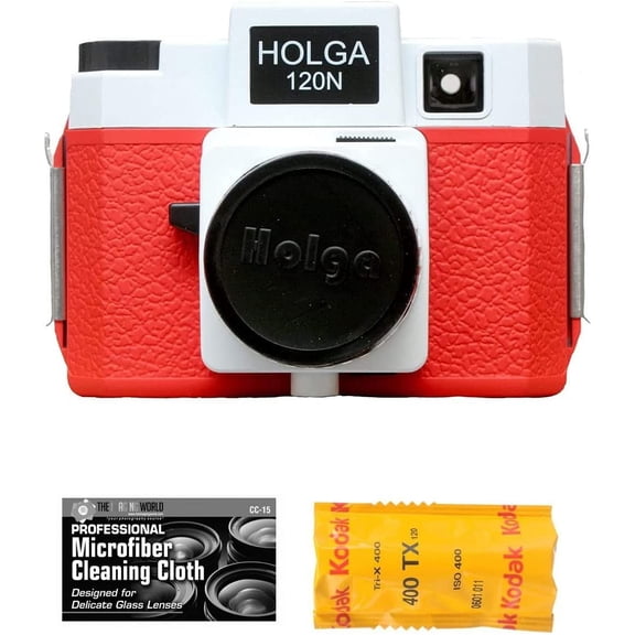 Holga 120N Medium Format Film Camera Red/White with Kodak TX 120 Film Bundle and Microfiber Cloth