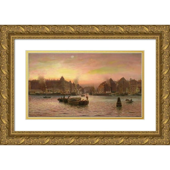 Holger Lübbers 14x10 Gold Ornate Wood Frame and Double Matted Museum Art Print Titled - Party from Nyhavn Seen from Greenlandic Trading Place After Sunset (1908)