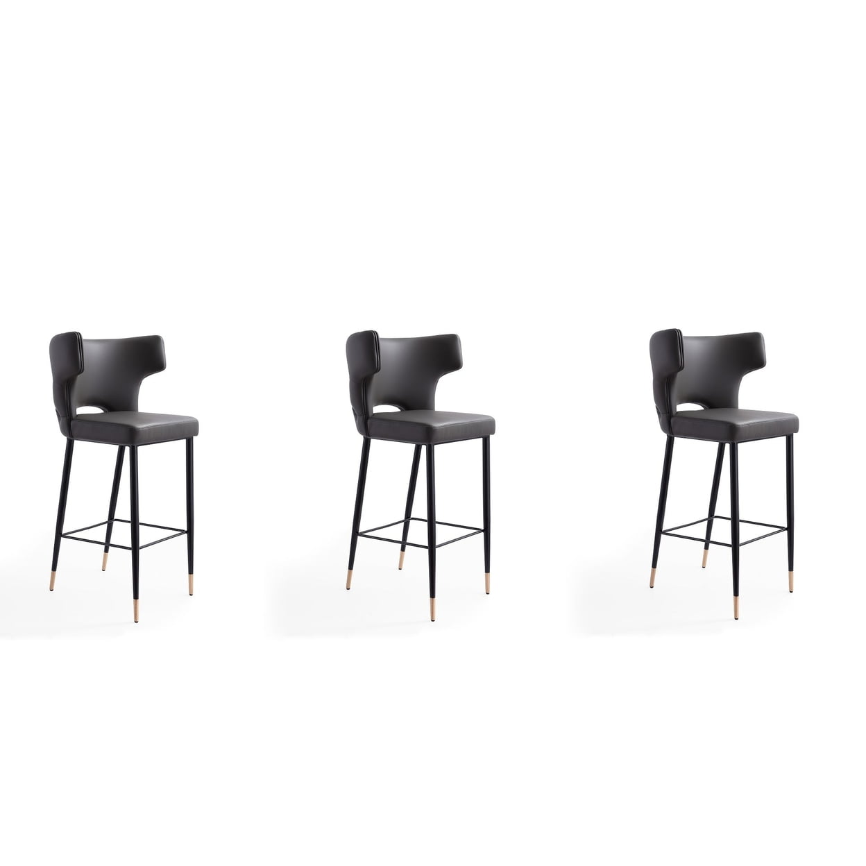Holguin Gray Leather and Wood Barstool Set with Gold Accents