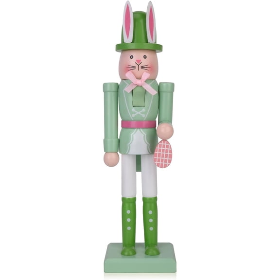 HoliHive 12 Inch Easter Bunny Nutcracker Decoration, Wooden Rabbit Soldier Figure for Spring Holiday Tabletop Display, Easter Decorations