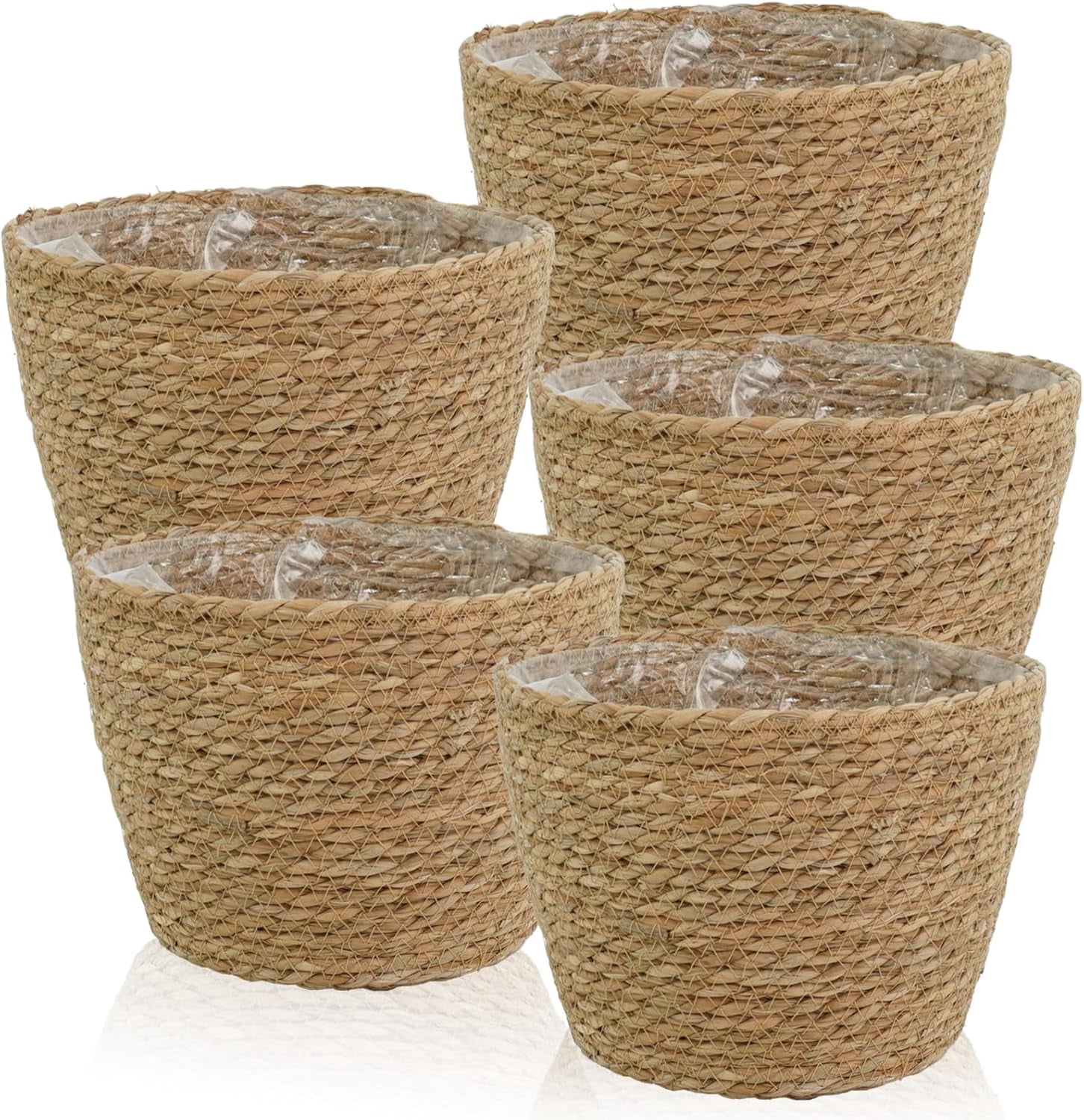 HoliHive 5 Pcs Large Premium Seagrass Planter Basket - Stylish Planter Baskets Woven Wicker Baskets with Plastic Lining for Indoor Outdoor Flower Plants Pots Cover Room Decor
