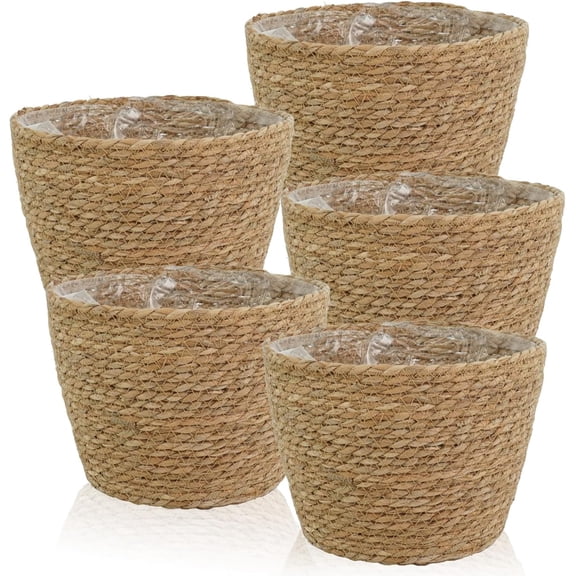 HoliHive 5 Pcs Large Premium Seagrass Planter Basket - Stylish Planter Baskets Woven Wicker Baskets with Plastic Lining for Indoor Outdoor Flower Plants Pots Cover Room Decor