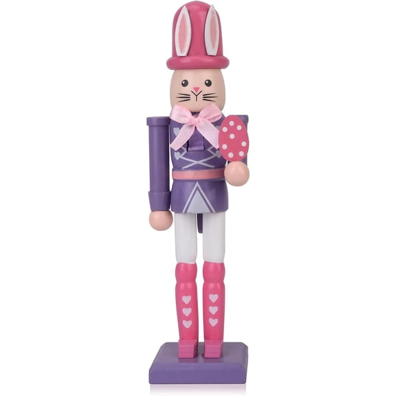 HoliHive 7 Inch Easter Bunny Nutcracker Decoration, Wooden Rabbit Soldier Figure for Spring Holiday Tabletop Display