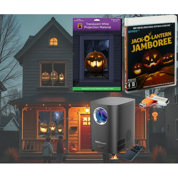 HoliScapes USB Projector Kit - AtmosFX Jack-O-Lantern Jamboree USB + Projector + 48" x 72" Large White Holographic Screen