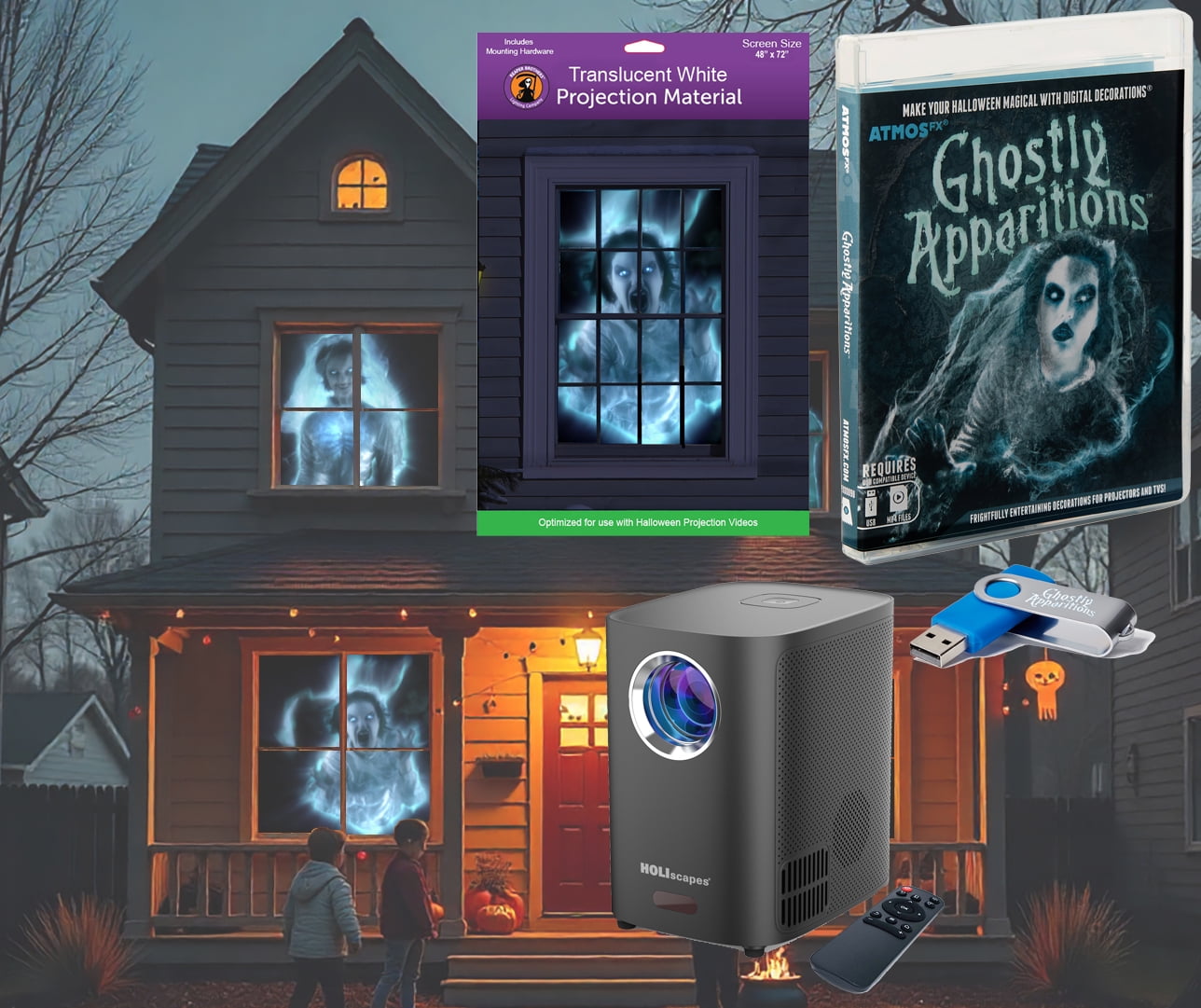 HoliScapes USB Projector Kit - AtmosFx Ghostly Apparitions I USB + Projector + 48" x 72" Large White Holographic Screen
