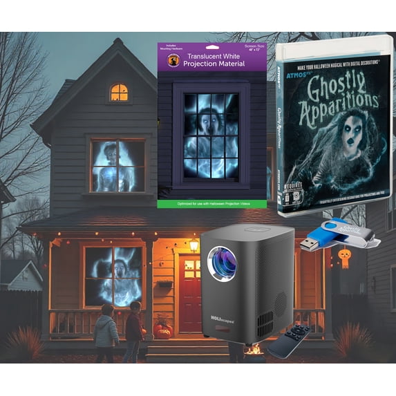HoliScapes® USB Projector Kit - AtmosFx Ghostly Apparitions I USB + Projector + 48" x 72" Large White Holographic Screen