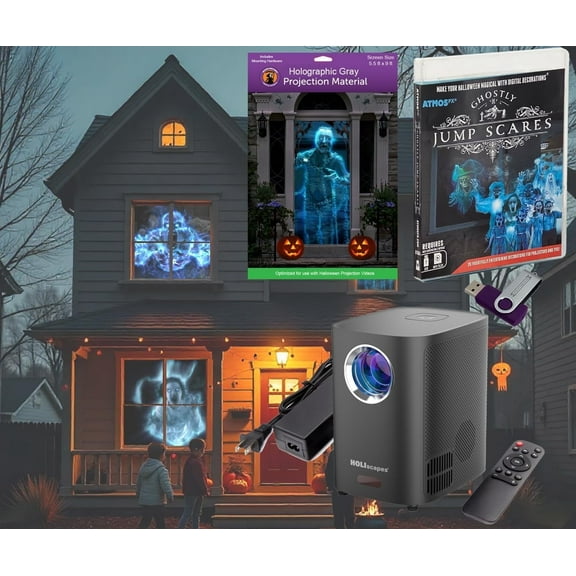 HoliScapes USB Projector Kit - AtmosFx Ghostly Jump Scares on USB + Projector + 5 ft x 9 ft Holographic Screen