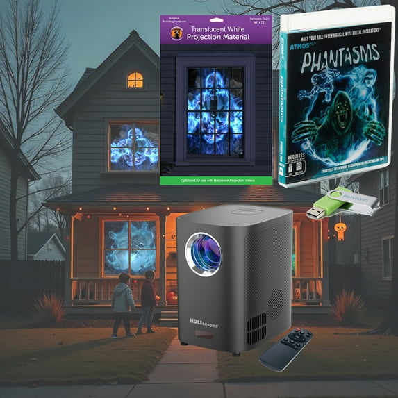 HoliScapes® USB Projector Kit - AtmosFx Phantasms on USB + Projector + 48" x 72" Large White Holographic Screen