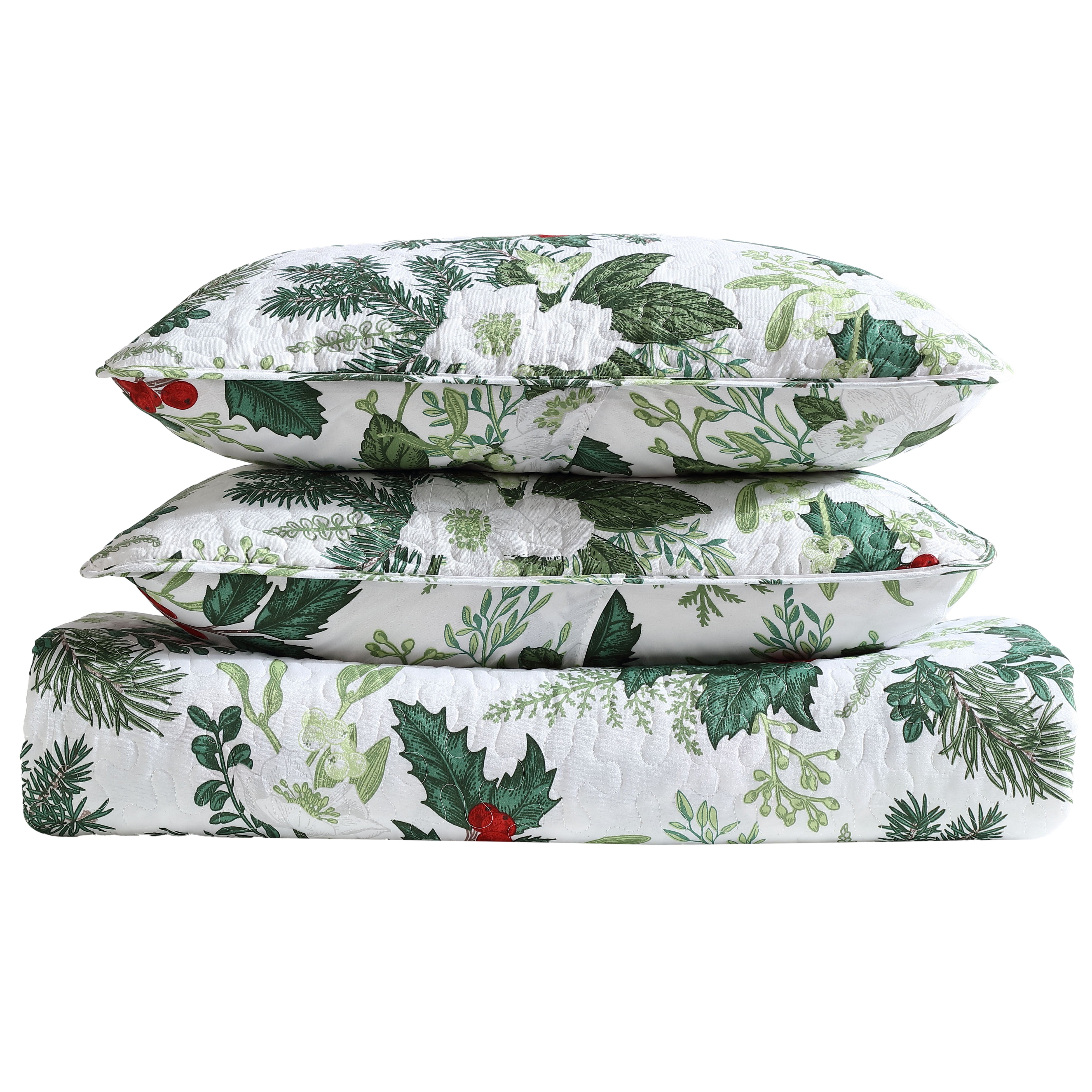 Beatrice Home Fashions, Holiday 3PC Quilt Set, Full/Queen, Green Bouquet
