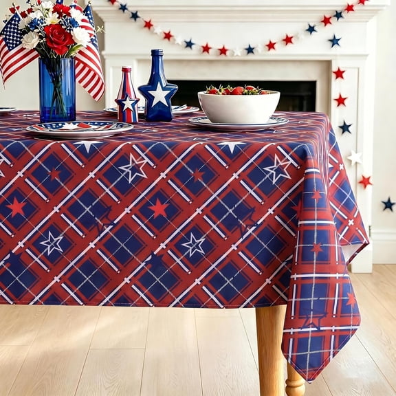 Holiday 4th of July Tablecloth - 54 x 54 Inches Table Cover for Independence Day Picnic Party, Water Stain Resistant American Plaid Star Patterned Washable Table Cloth, Blue and Red Star