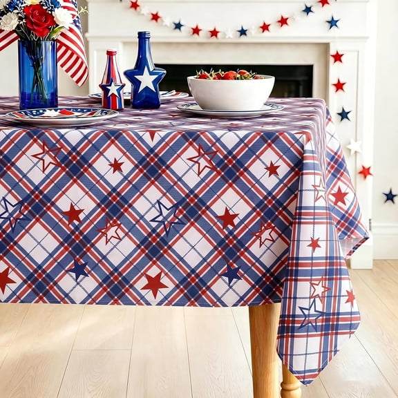 Holiday 4th of July Tablecloth - 54 x 54 Inches Table Cover for Independence Day Picnic Party, Water Stain Resistant American Plaid Star Patterned Washable Table Cloth, White and Blue Star