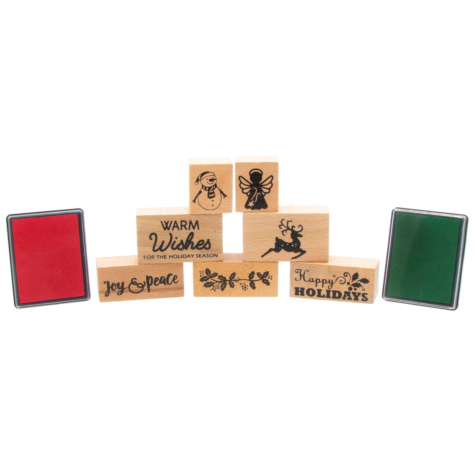 Holiday 7Piece Wooden Rubber Stamp Set With Red and Green Ink Pads