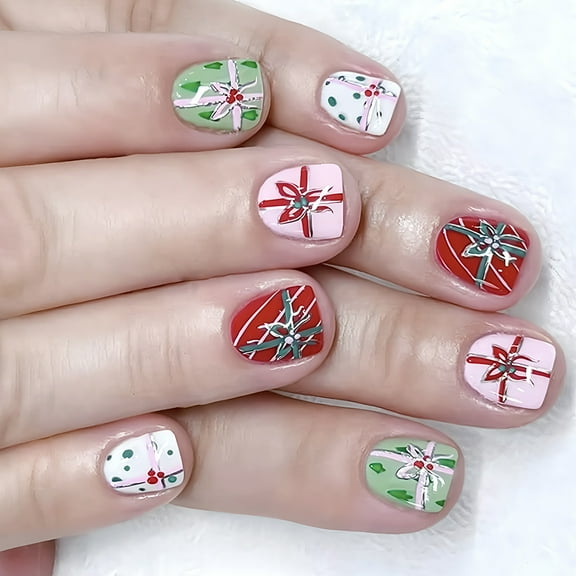 Christmas Fake Nails Set Of 24 Matte Square Shape Redness White Florals Design Sparkling Glitters Finish ABS Materials Gift