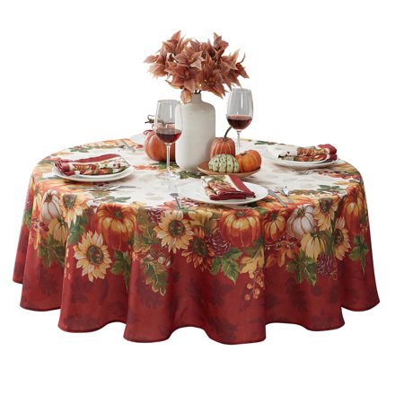Holiday Autumn Bounty Bordered Thanksgiving Harvest 70 inch Round Fabric Dining Tablecloth