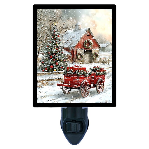 Holiday Barn Night Light Rustic Red Barn with Snowy Christmas Tree, Wreaths and Gift Wagon Winter Farmhouse Dcor Includes Free Switchable Insert