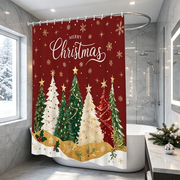 Holiday Bathroom Shower Curtain, 70.9 x 59.1 Inch Waterproof Fabric with Hooks for Christmas Decor, Bath Areas and Seasonal Home Styling D