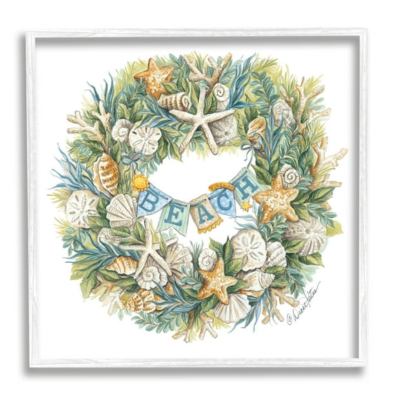 Holiday Beach Seashell Wreathe Nautical Christmas Holiday Framed Art Print Wall Art, 17x17