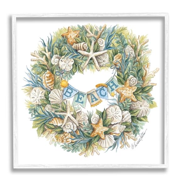 Holiday Beach Seashell Wreathe Nautical Christmas Holiday Framed Art Print Wall Art, 17x17