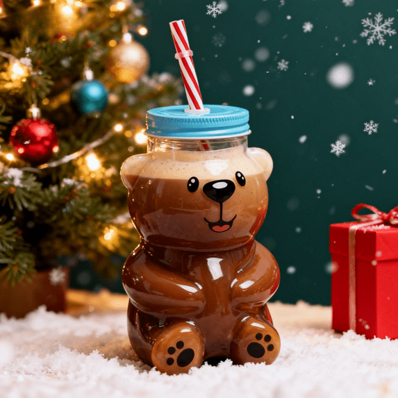 Holiday Bear 18.6oz Glass Cold Cup, Ideal for Cold Brew, Iced Coffee, and Cocktails, Perfect Christmas Gift for Drinkware Enthusiasts,(1 Bear Cup with Straw)