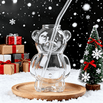 Holiday Bear Glass Cold Cup 11oz with Straw, Cute Bear-Shaped Cup, Ideal for Iced Coffee, Cocktails, Cold Brews, and Perfect Christmas Gift for Drink Enthusiasts,(1 Bear Cup with Straw)