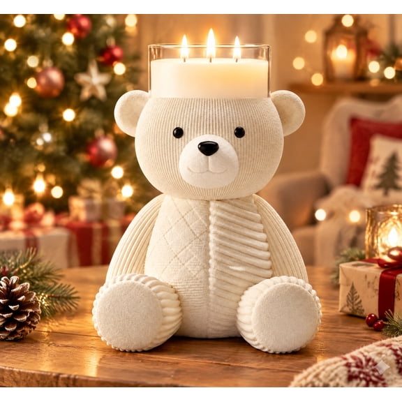 Holiday Bear Pedestal, 3-Wick Candle Holder, Cozy Christmas Home Decor