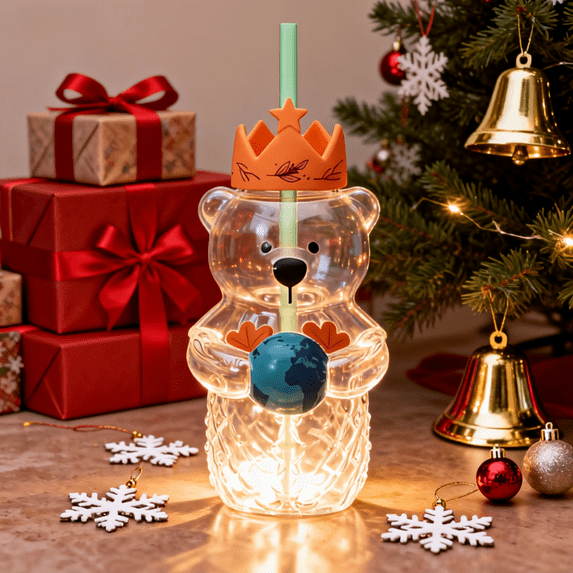 Holiday Bear-Shaped Glass Cold Cup with Straw, 20oz Mug for Iced Coffee, Cocktails, and Christmas Gifts, Perfect for Drinkware Lovers,(1 Bear Cup with Straw)