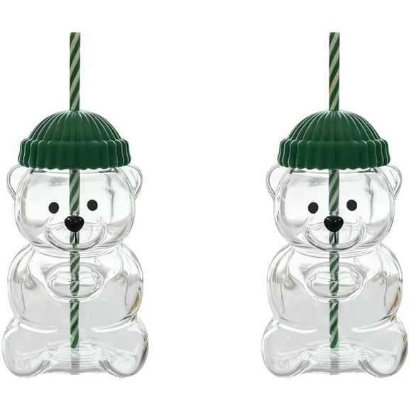 Holiday Bear Tumbler with Green Striped Straw, Clear Glass Bear-Shaped Cup with Winter Hat, Christmas Decorative Drinking Glass