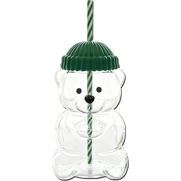 Holiday Bear Tumbler with Striped Straw Clear Glass Bear-Shaped Cup with Winter Hat Christmas Decorative Drinking Glass Party Gifts