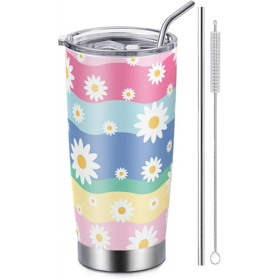 Holiday Birthday Valentine Gifts for Women, 20 oz Stainless Steel Tumbler with Lid and Straws, Funny Floral Coffee Tumbler, Present Ideas for Mom, Wife, Girlfriend, Sister, Friend, Rainbow Daisy