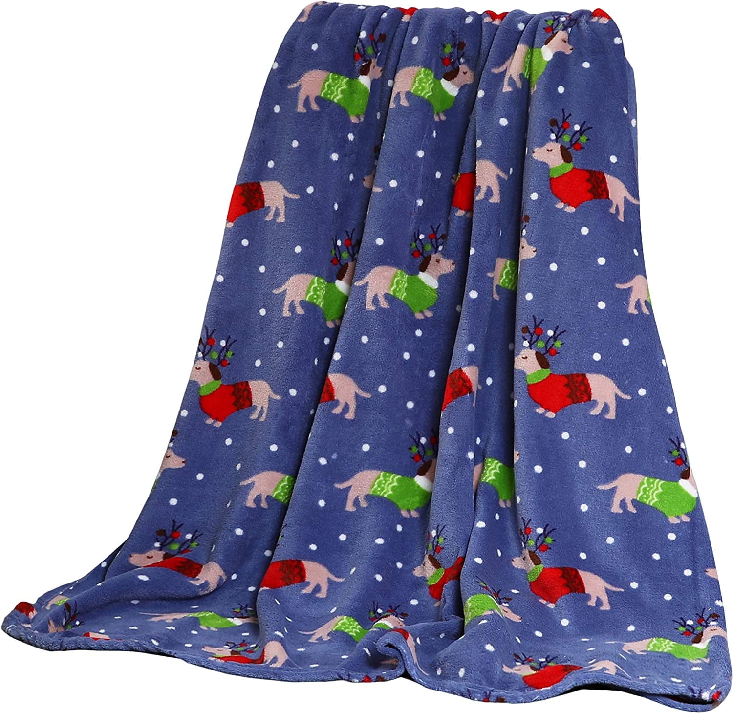 Blue Polyester Knitted Holiday Throw Blanket with Dogs in Sweaters