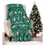 Holiday Blanket, Printed Soft Plush Throw, Fun Christmas Theme, Home Décor Fuzzy Warm & Cozy, for Bedding, Couch & Gift, 50” x 60” - Green Joyful Santa