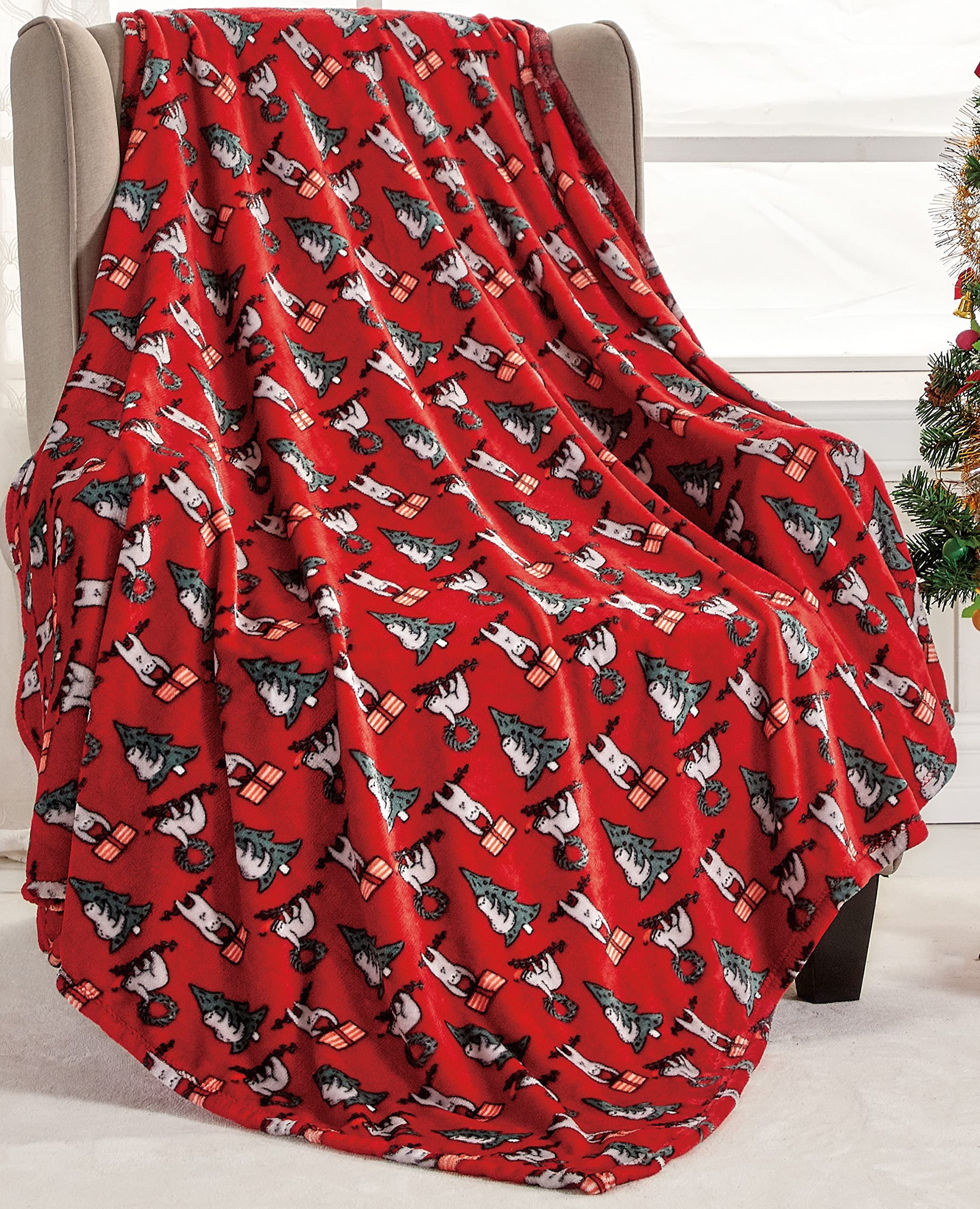 Plazatex Christmas Sloth Micro plush Decorative All Season Red Color 50" X 60" Throw Blanket