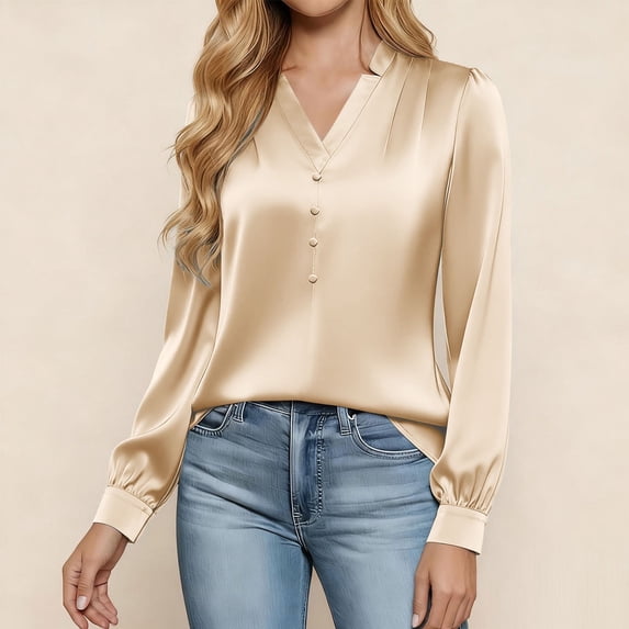 Holiday Blouses for Women,Womens Elegant Satin Pleated Blouse Solid Color V-Neck Silky Soft Smooth Office Casual Everyday Work Top Beige S