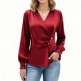 thumbnail image 1 of Holiday Blouses for Women,Womens Elegant Satin Pleated Blouse Solid Color V-Neck Silky Soft Smooth Office Casual Everyday Work Top Red S, 1 of 7