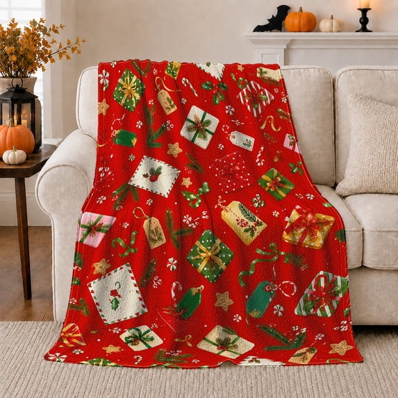 Holiday Boxes Holly Pattern Cheerful Holiday Cheer Painterly, Festive Holiday Scene, Warm Flannel Blanket for Living Room and Reading Nook, Art Lovers Christmas Gift, Festive Home Decor