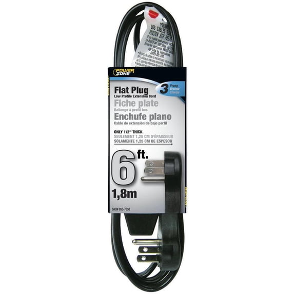 PowerZone Flat Extension Cord, 6 Ft Cord Black