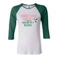 thumbnail image 1 of Holiday Candy Cane Wishes Mistletoe Kisses Women's 3/4 Sleeve Raglan-Green/White-Small, 1 of 4