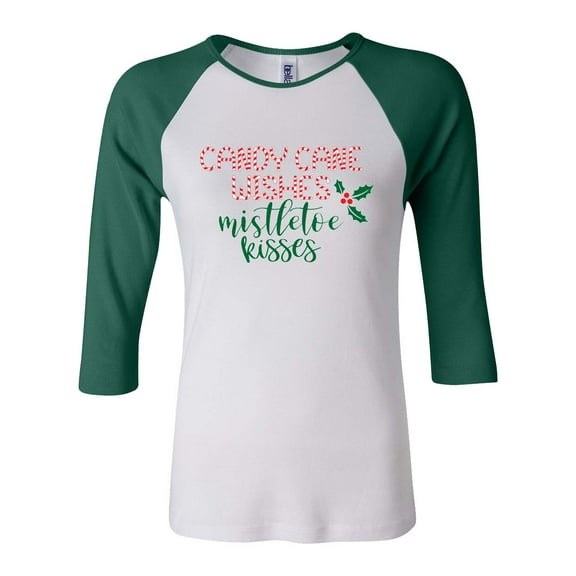 Holiday Candy Cane Wishes Mistletoe Kisses Women's 3/4 Sleeve Raglan-Green/White-Small