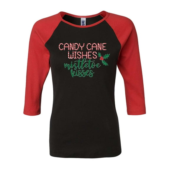 Holiday Candy Cane Wishes Mistletoe Kisses Women's 3/4 Sleeve Raglan-Red/Black-xl