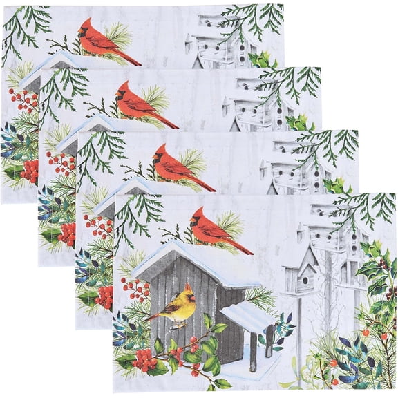 Holiday Cardinal Love Placemat Set of 4, Snow Covered Birdhouse Place Setting for Winter and Christmas Decor, Festive Green Table Mats for Seasonal Use, Machine Washable
