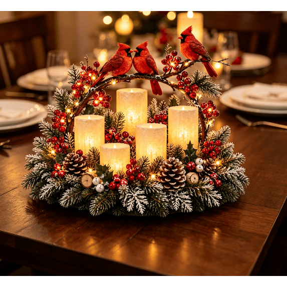 Holiday Cardinal Table Centerpiece Flameless Candle Christmas Table Decor with Pine Foliage and Red Berry Accents