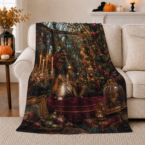 Holiday Cat Scene Lush Greenhouse Christmas Tree, Festive Pet Portrait Pattern, Warm Flannel Blanket for Living Room and Bedroom, Cat Lovers Christmas Gift, Pet Lover Home Decor