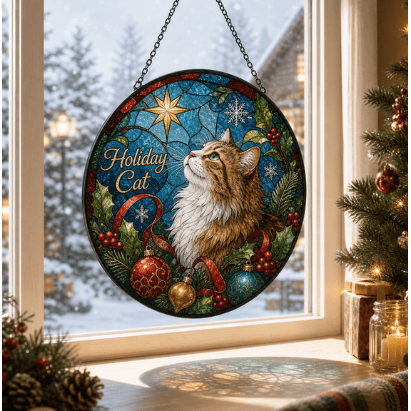 Holiday Cat Stained Glass Suncatcher Christmas Window Hanging Gift for Cat Lovers