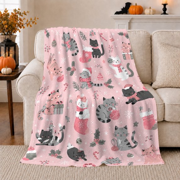 Holiday Cats Santa Hats Scarves Playing Yarn Wrapped, Playful Pet Portrait Pattern, Warm Flannel Blanket for Living Room and Bedroom, Cat Lovers Christmas Gift, Pet Lover Home Decor