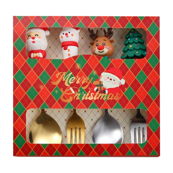 Holiday Celebration Christmas Cartoon Figurine Spoons and Forks Set Stainless Steel in Gift Box