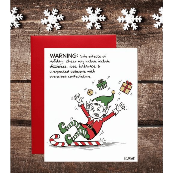 Holiday Cheer Card - "Warning: Side Effects of Holiday Cheer" Funny Elf Design - Perfect for Christmas Greetings, Blank Inside, Includes Red Envelope